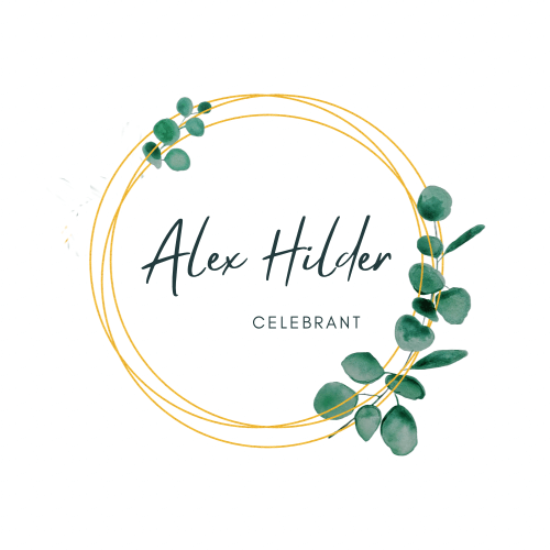 Golden hoops overlaid with sprigs of eucalyptus with 'Alex Hilder Celebrant' in the middle
